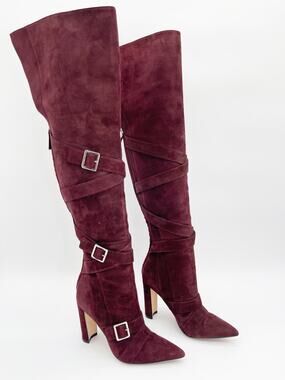 Manolo Blahnik Josimhi Burgundy Suede Buckle Strap Pointed Toe OTK Boots IT 37.5